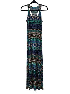 Tori Richard Honolulu Green Geometric Maxi Dress Sleeveless Stretch Women's XS
